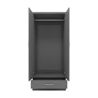 The CHOICEWARDROBE Mack is a 78cm wide, grey-finished 2 door mirrored wooden wardrobe featuring a hanging rail, spacious interior, and a bottom drawer with silver handle—ideal bedroom storage.