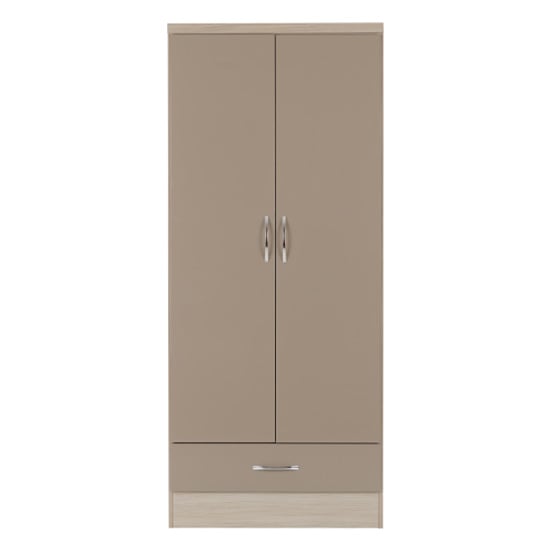 Two-door wardrobe in oyster gloss and oak finish with silver handles, on white background.