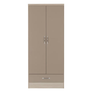 The CHOICEWARDROBE Mack 78cm 2 Door Wardrobe features a premium oyster gloss and oak finish, modern silver handles, a bottom pull-out drawer, and hanging rail, shown against a plain white background.