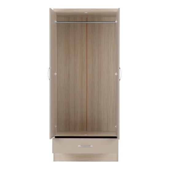 CHOICEWARDROBE Mack 78cm 2 Door Wardrobe, Oyster Gloss & Oak: open view with hanging rail and drawer.