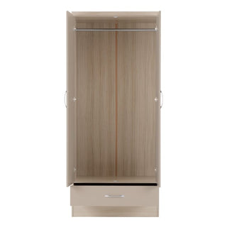 The CHOICEWARDROBE Mack 78cm 2 Door Wardrobe in Premium Oyster Gloss & Oak finish is shown open, revealing a light wood interior with a metal hanging rail, single bottom drawer, and silver handles—modern storage for your bedroom.