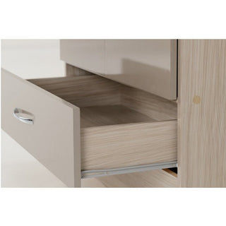 A close-up of the CHOICEWARDROBE Mack 78cm 2 Door Wardrobe in Premium Oyster Gloss & Oak shows a partially open drawer with a metal slide, matching its modern look and simple metal handle, perfect for bedroom storage.