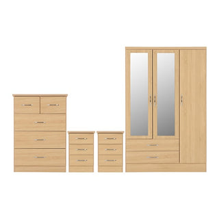 The CHOICEWARDROBE Mack Bedroom Furniture Set in Light Oak includes a 3-door mirrored wardrobe, a 4-drawer chest, and 2 bedside tables—ideal for stylish and organized bedroom storage.
