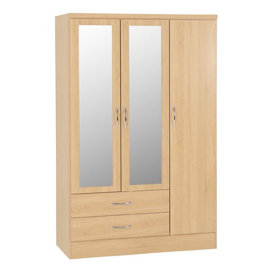 Light oak 3-door mirrored wardrobe with 2 drawers
