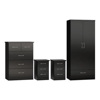 The CHOICEWARDROBE Mack Gloss 4 Piece Set includes a black high gloss 2-door wardrobe, chest of drawers, and 2 bedside tables—all featuring sleek silver handles for a modern look.