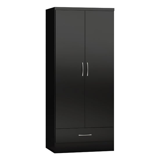Black gloss 2-door wardrobe with single drawer