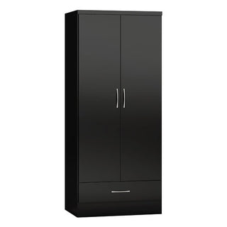 The CHOICEWARDROBE Mack Gloss 4 Piece Bedroom Furniture Set includes a sleek black high gloss 2-door wardrobe, chest of drawers, and 2 bedside tables—ideal for modern bedrooms, shown against a plain white background.