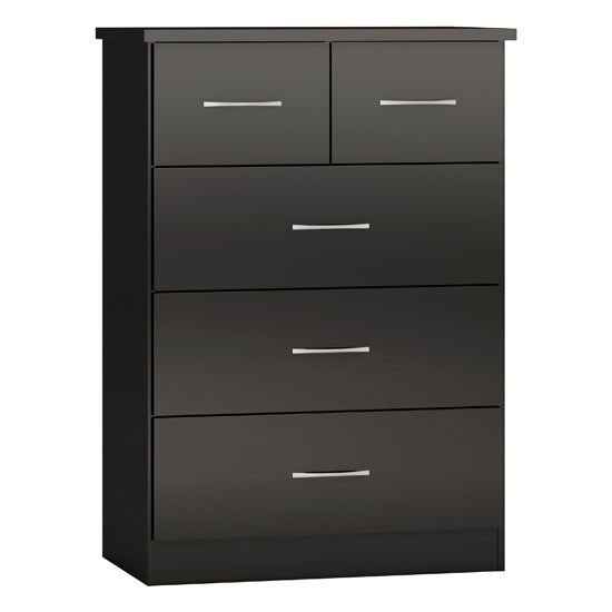 Black gloss chest of drawers with 5 drawers and silver handles.