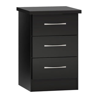 The CHOICEWARDROBE Mack Gloss 4 Piece Bedroom Furniture Set features a black high gloss finish with silver handles, including a 2-door wardrobe, chest of drawers and 2 bedside tables—ideal for modern bedrooms.
