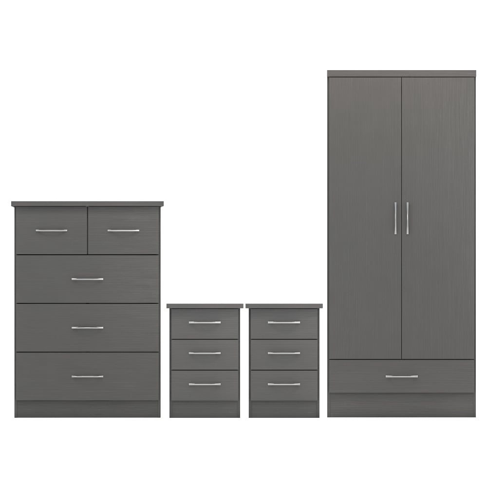 Grey wooden 2-door wardrobe, chest of drawers, and 2 bedside tables with silver handles.