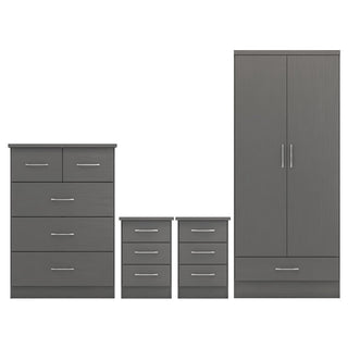 The CHOICEWARDROBE Mack Grey Wooden Bedroom Set is a 4-piece collection with a 2-door wardrobe, chest of drawers, and 2 bedside tables—each in modern grey wood with sleek silver handles for contemporary style and function.