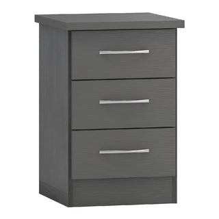 Part of the CHOICEWARDROBE Mack Grey Wooden Bedroom Set, this modern gray wooden nightstand features three drawers with horizontal silver handles and is displayed against a plain white background.