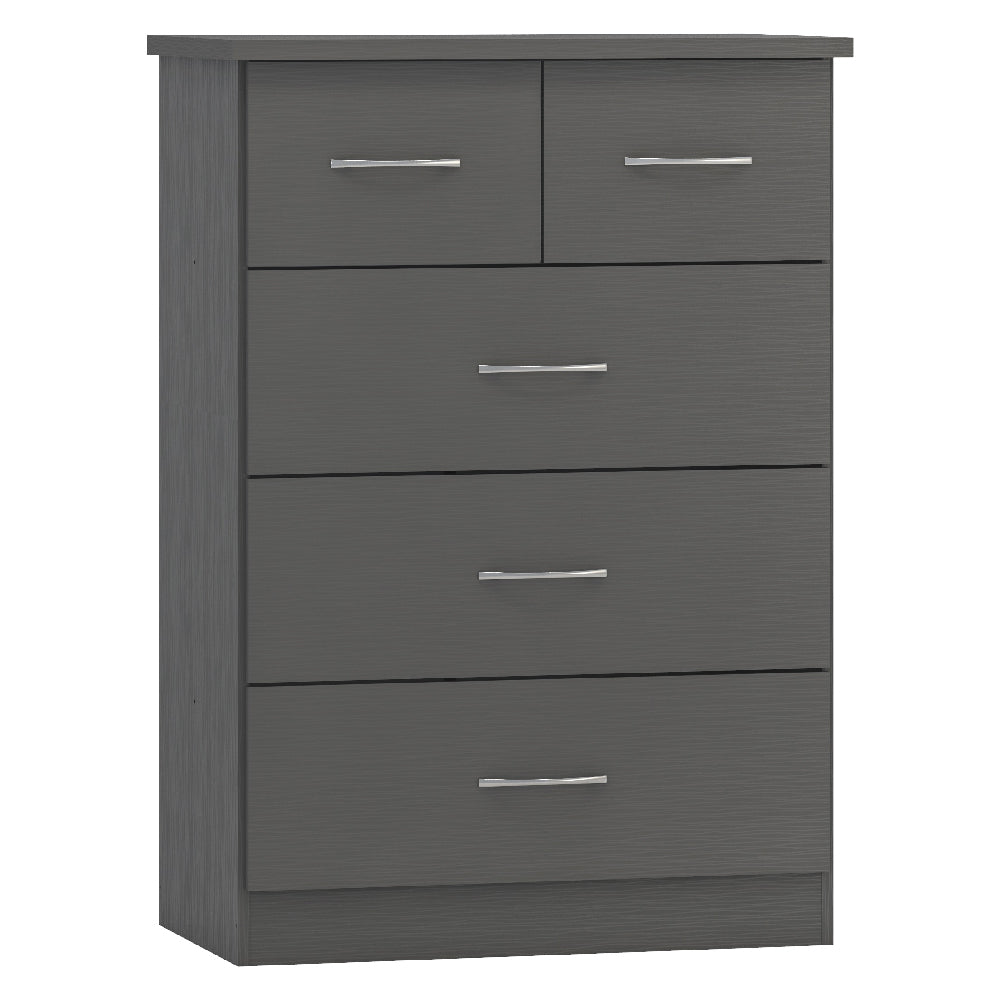 Mack grey wooden chest of drawers with 5 drawers and silver handles