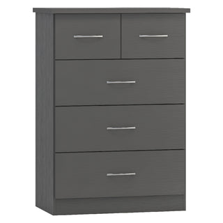 The CHOICEWARDROBE Mack Grey Wooden Bedroom Set includes a modern chest with five gray drawers—two smaller on top, three larger below—all with sleek silver handles and a flat top, matching the contemporary design of the 4-piece collection.