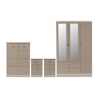 The CHOICEWARDROBE Mack High Gloss 4 Piece Bedroom Set features a modern oyster gloss finish, 3 door mirrored wardrobe, chest of drawers, and 2 bedside tables—perfect for complete bedroom storage.