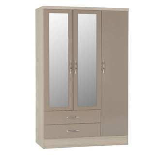 The CHOICEWARDROBE Mack High Gloss Bedroom Set features a 3-door mirrored wardrobe with an oyster gloss finish, light wood frame, two mirrored center doors, solid beige right door, and two drawers with metal handles.