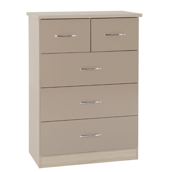 CHOICEWARDROBE Mack oyster gloss chest of drawers with 5 drawers and silver bar handles
