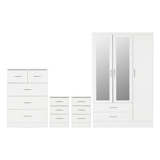 White gloss 3-door mirrored wardrobe, chest of drawers & 2 bedside tables.