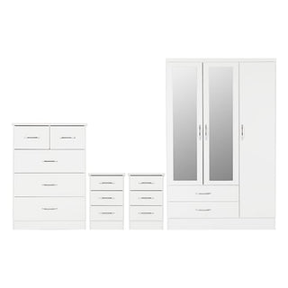 The CHOICEWARDROBE Mack High Gloss 4 Piece Bedroom Furniture Set in white includes a 3-door mirrored wardrobe, chest of drawers, and 2 bedside tables—all with a sleek modern gloss finish for complete bedroom storage.