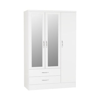 The CHOICEWARDROBE Mack High Gloss 4 Piece Bedroom Furniture Set includes a modern 3 door mirrored wardrobe, chest of drawers, and 2 bedside tables in a sleek white gloss finish—perfect for stylish bedroom storage.
