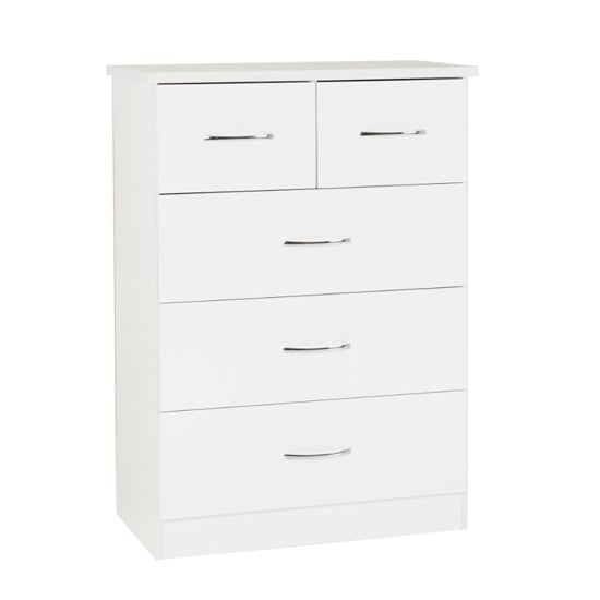 White gloss chest of drawers with 5 drawers and sleek chrome handles.