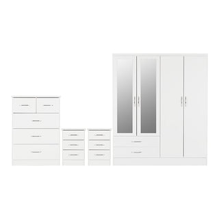 The CHOICEWARDROBE Mack High Gloss 4 Piece Bedroom Furniture Set features a 4 door mirrored wardrobe, chest of drawers, and 2 bedside tables in sleek white gloss—a modern complete storage suite.