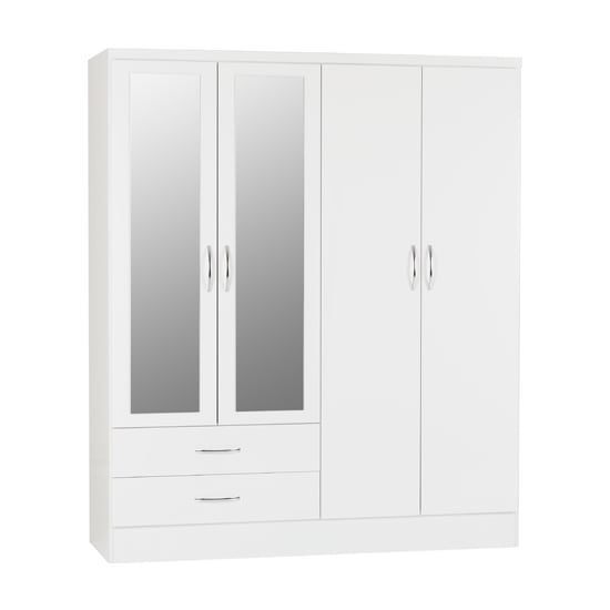 CHOICEWARDROBE Mack white gloss 4-door wardrobe with two mirrored doors and two drawers