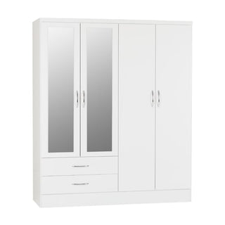 The CHOICEWARDROBE Mack High Gloss 4 Piece Bedroom Furniture Set features a white gloss 4-door mirrored wardrobe, chest of drawers, and 2 bedside tables—a modern storage suite with a sleek, simple design.