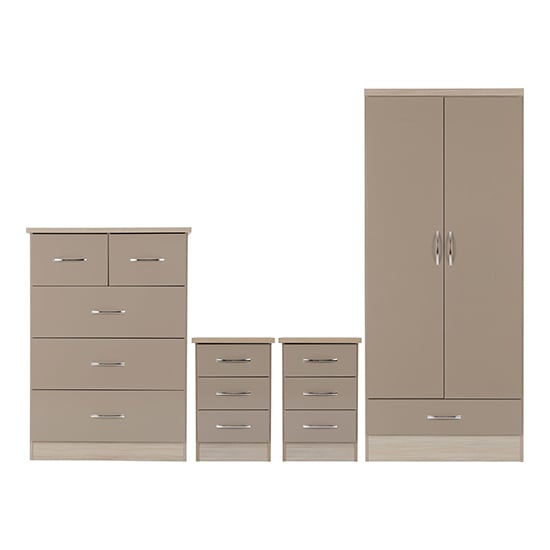 Cappuccino high gloss 4-piece bedroom set: 2 door wardrobe, chest of drawers, 2 bedside tables with silver handles.