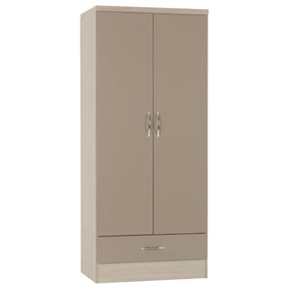 The CHOICEWARDROBE Mack High Gloss Cappuccino Bedroom Set includes a modern 2-door wardrobe, chest of drawers, and 2 bedside tables—featuring a sleek gloss finish and silver handles, ideal for stylish bedroom furniture.