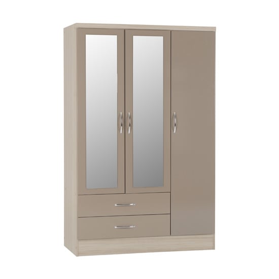 CHOICEWARDROBE Mack 3 door mirrored wardrobe in oyster gloss with oak effect frame and 2 drawers.
