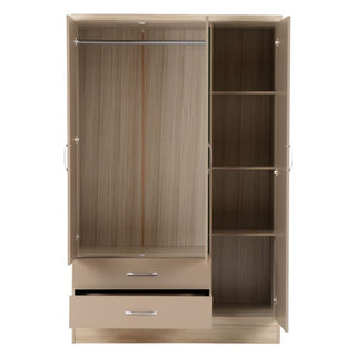 The CHOICEWARDROBE Mack Mirrored Wardrobe features a modern 3-door oyster gloss finish, full-length mirrors, a hanging rail, three shelves on the right, and two drawers at the bottom for space-saving bedroom storage.