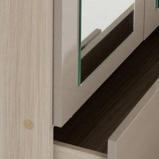 Close-up of the CHOICEWARDROBE Mack Mirrored Wardrobe in oyster gloss, showing a partially open drawer, glass panel, clean lines, and reflective surfaces—modern storage with 3 doors, full-length mirrors, and neutral tones.
