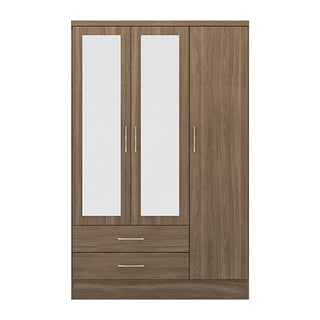 The CHOICEWARDROBE Mack Mirrored Wardrobe features 3 doors (2 with full-length mirrors), 2 drawers, and a walnut finish. Its elegant design combines style and storage with hanging space, perfect for any bedroom. Width: 116cm.