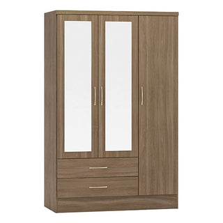 The CHOICEWARDROBE Mack Mirrored Wardrobe in walnut features 3 doors—2 with full-length mirrors, one plain—and 2 drawers, all with metal handles. It offers stylish hanging storage in a 116cm wide, elegant design.