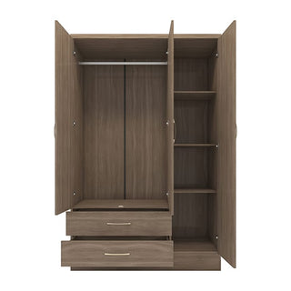 The CHOICEWARDROBE Mack Mirrored Wardrobe features 3 doors, 2 drawers, and full-length mirrors. Inside, there's a hanging rail on the left and shelving on the right. Finished in elegant walnut, it measures 116cm wide and offers stylish storage.