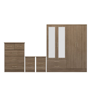 The CHOICEWARDROBE Mack Oak 4 Piece Bedroom Set includes a 3 door mirrored wardrobe, chest of drawers, and 2 bedside tables, all featuring modern oak design and sleek handles for a stylish bedroom upgrade.