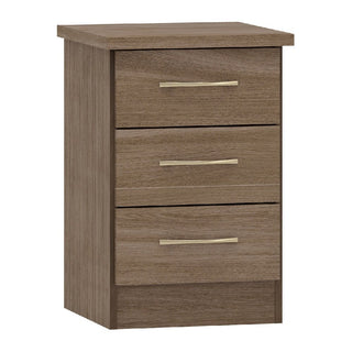 The CHOICEWARDROBE Mack Oak 4 Piece Bedroom Set features a modern design with sleek handles, including a mirrored wardrobe, chest of drawers, and two bedside tables—perfect for upgrading any oak-finished bedroom.