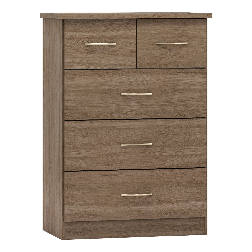 Mack Oak 4-drawer chest of drawers with rustic oak finish and sleek silver handles