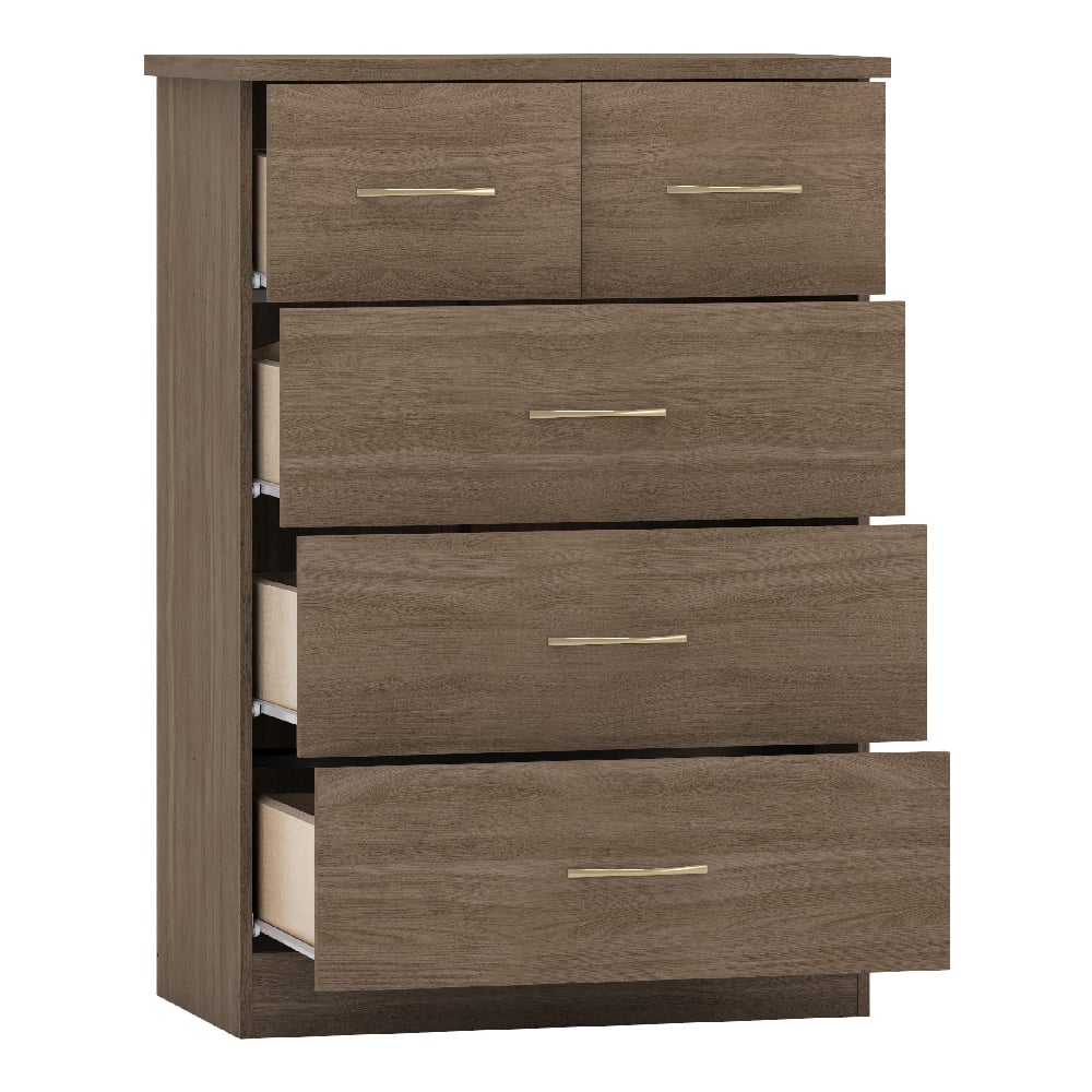 Mack light oak effect chest of drawers with 5 drawers and silver handles.