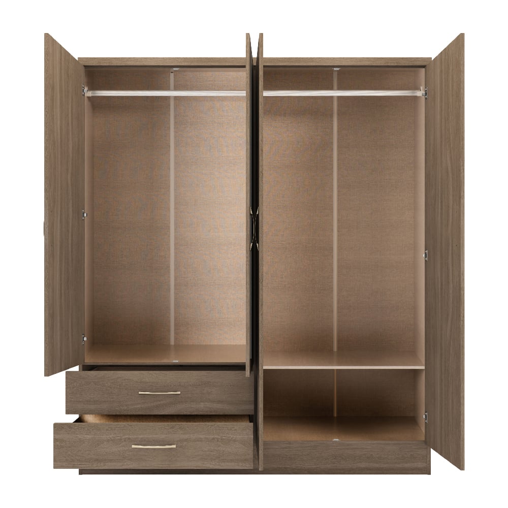 Rustic oak 3-door mirrored wardrobe with drawers open, showing hanging rails and shelves.