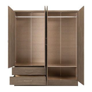 The CHOICEWARDROBE Mack Oak 3 Door Mirrored Wardrobe offers spacious storage with hanging rods, shelves, and drawers—perfect to complete your modern oak bedroom set as part of the 4 piece furniture suite.