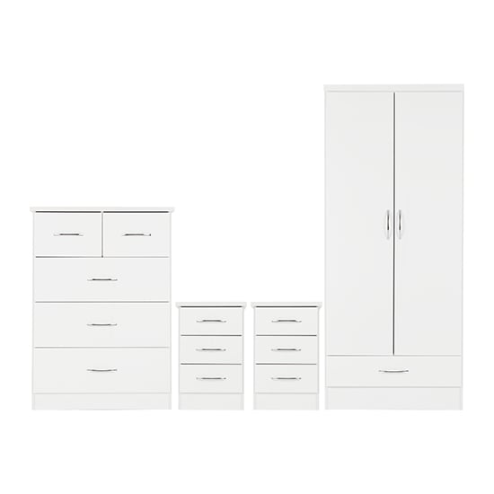White gloss 2-door wardrobe, chest of drawers, and 2 bedside tables with silver handles