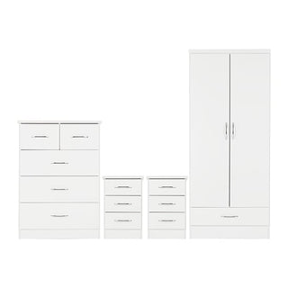 The CHOICEWARDROBE Mack White Gloss 4 Piece Bedroom Set includes a 2-door wardrobe, chest of drawers, and 2 bedside tables with silver handles for sleek, modern bedroom storage.