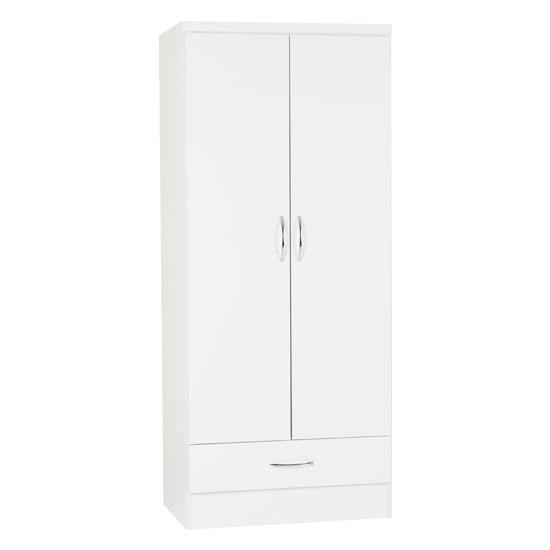 White gloss double door wardrobe with a single drawer