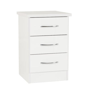 The CHOICEWARDROBE Mack White Gloss 4 Piece Bedroom Set features a modern design with a 2 door wardrobe, chest of drawers, and 2 white bedside tables—perfect for a sleek, coordinated bedroom look.