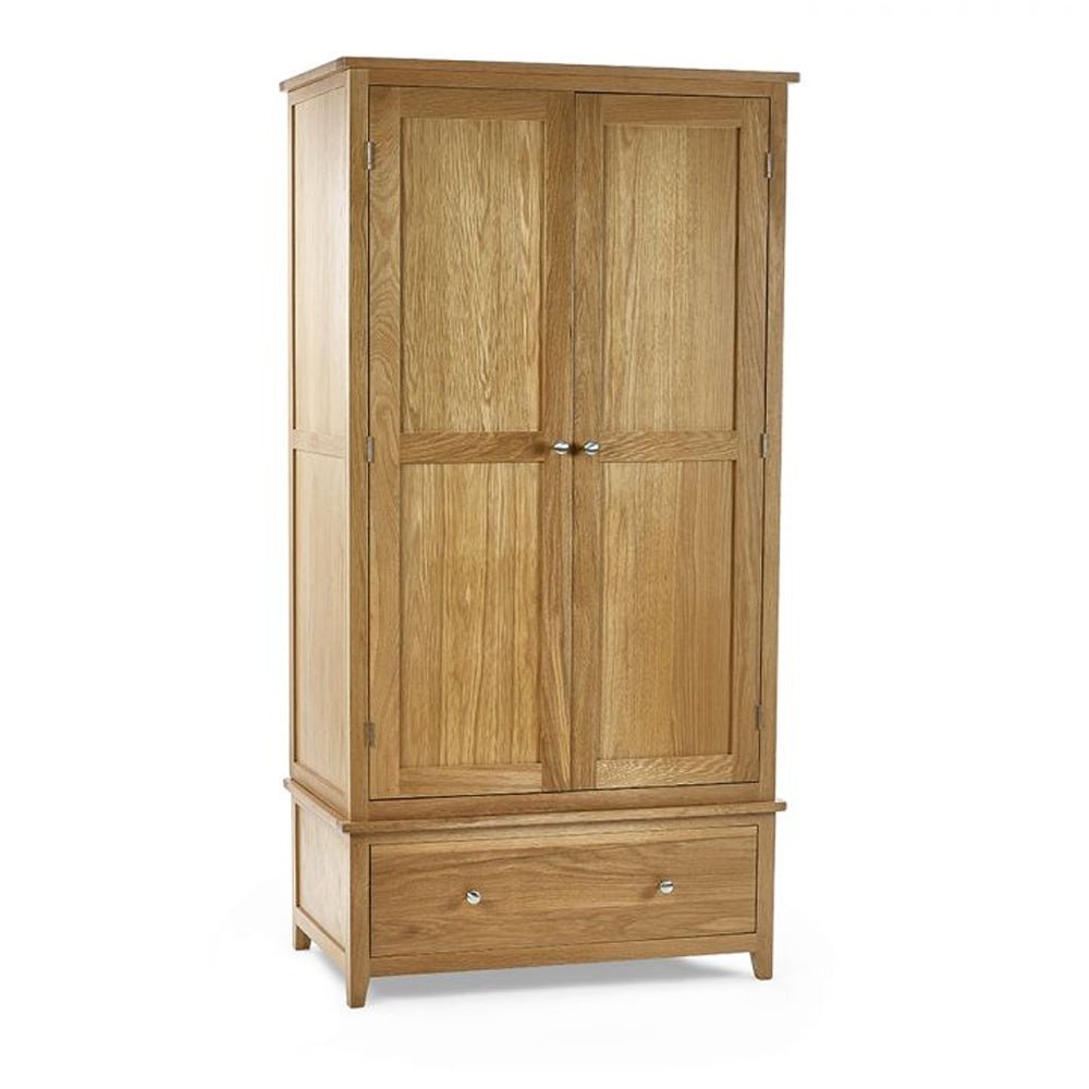 CHOICEWARDROBE Macon solid oak wardrobe with 2 doors and a lower drawer in natural oak finish.