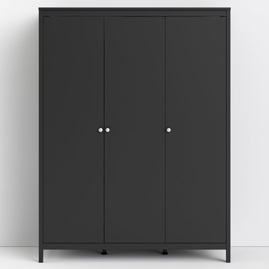 Black 3-door wardrobe with modern design and metal handles.