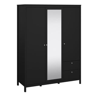 The CHOICEWARDROBE Macron 150cm Black 3 Door 2 Drawer Mirrored Wooden Wardrobe offers modern bedroom storage with a central full-length mirror, hanging rail, shelves, and two lower drawers in a stylish design.