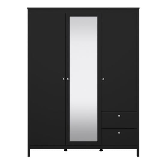 Black 3-door wardrobe with mirrored centre panel and 2 drawers